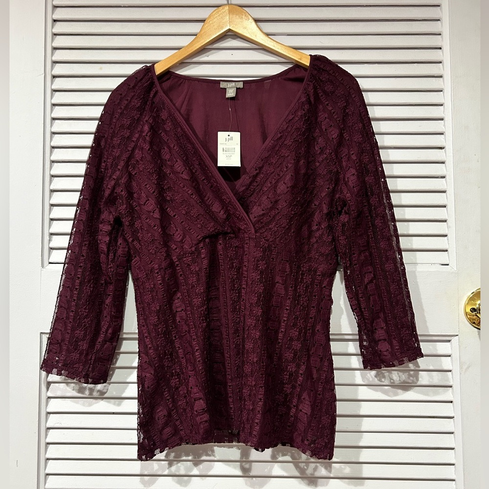J.JILL WOMEN Textured Polyester Lace  Blouse 3/4 Sleeve Deep Purple Sz XS Petite